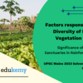 Identify and discuss the factors responsible for diversity of natural vegetation in India. Assess the significance of wildlife sanctuaries in rainforest regions of India.